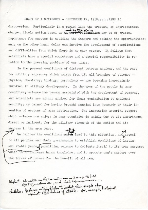 "Draft of a Statement (for Consideration by the Third Pugwash Conference at Kitzbuhel, Austria)" Page 10. September 17, 1958