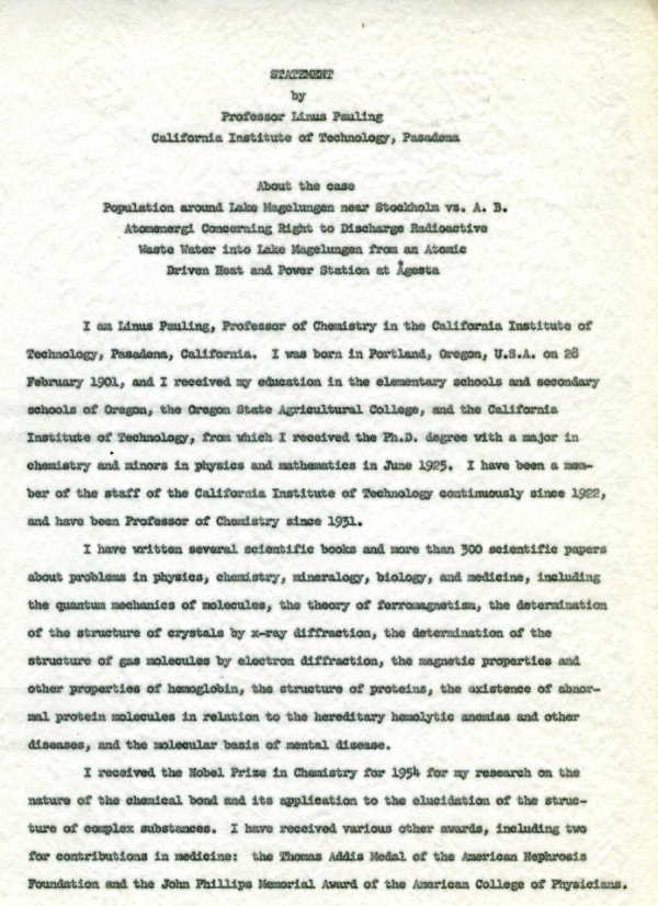 "Statement by Professor Linus Pauling." Page 1. May 13, 1960
