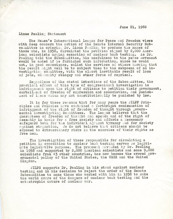 "Linus Pauling Statement." Page 1. June 21, 1960