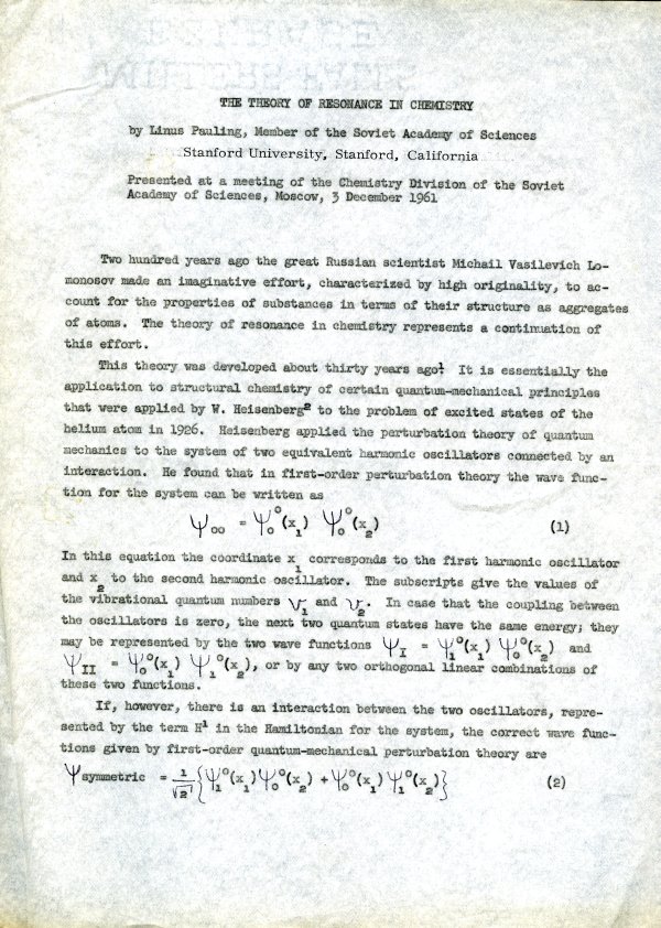 "The Theory of Resonance in Chemistry." Page 1. December 3, 1961