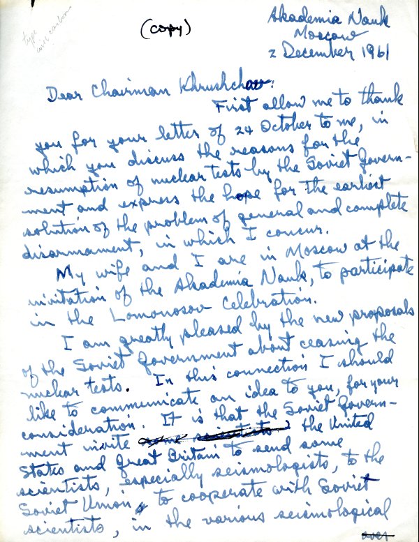 Letter from Linus Pauling to Nikita Khrushchev. Page 1. December 2, 1961
