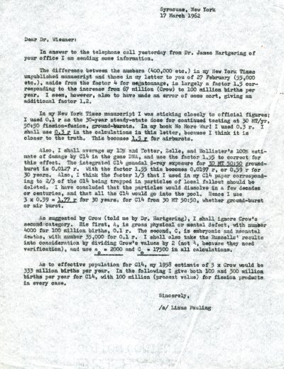 Letter from Linus Pauling to Jerome Weisner. Page 1. March 17, 1962