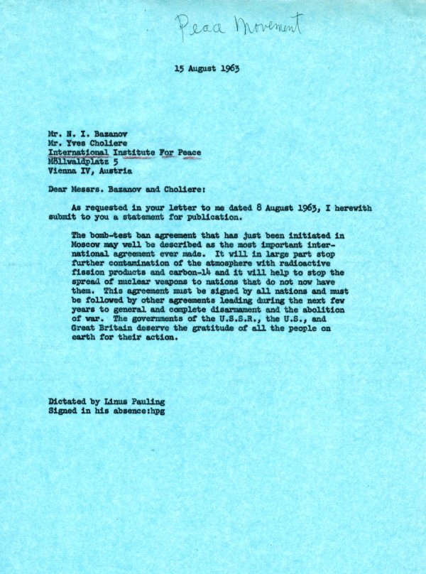 Letter from Linus Pauling to N. I. Bazanov and Yves Choliere. Page 1. August 15, 1963