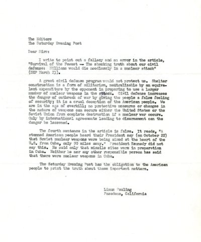Letter from Linus Pauling to the editors of the Saturday Evening Post. Page 1. March 25, 1963