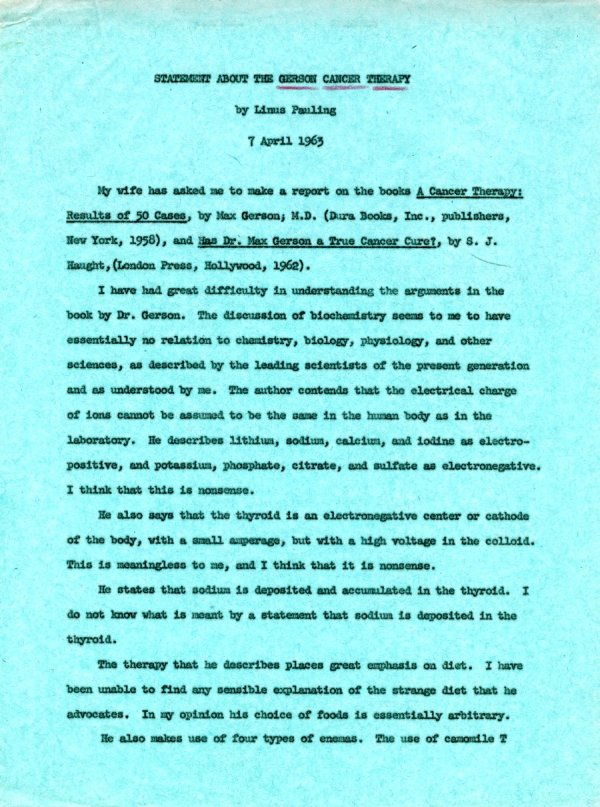 Statement About the Gerson Cancer Therapy Page 1. April 7, 1963