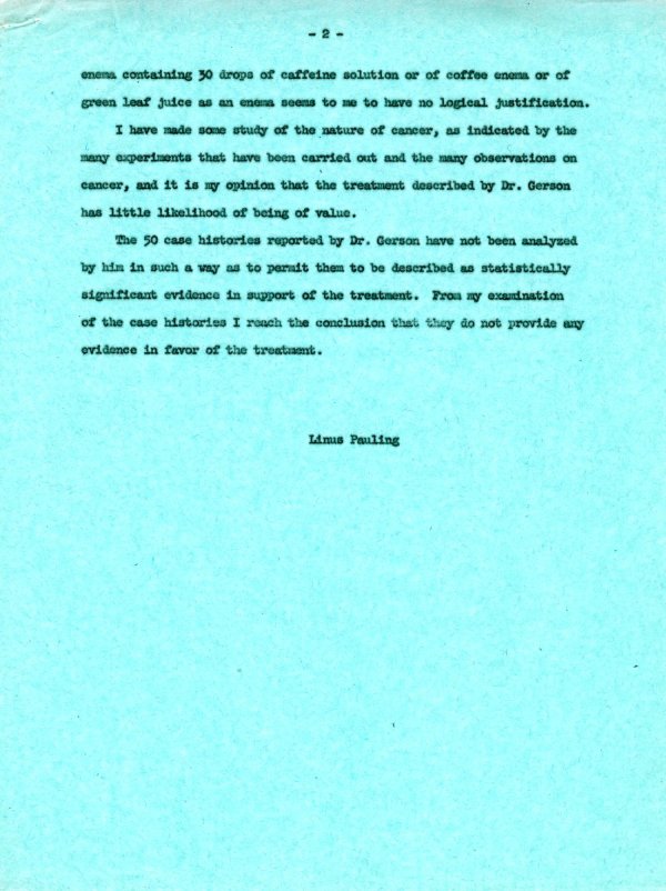 Statement About the Gerson Cancer Therapy Page 2. April 7, 1963