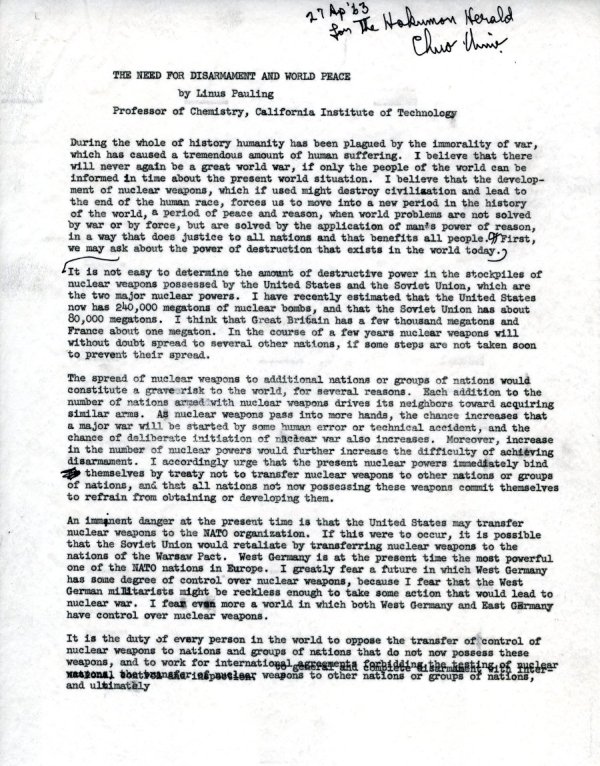 The Need for Disarmament and World Peace Page 1. April 27, 1963