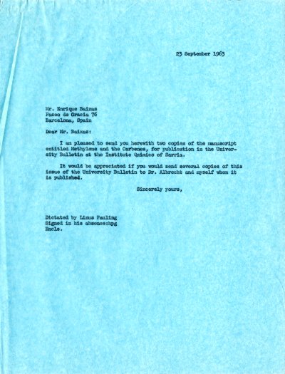 Letter from Linus Pauling to Enrique Baixas Page 1. September 23, 1963