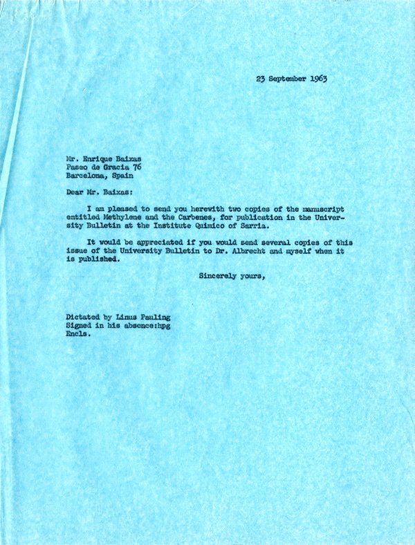 Letter from Linus Pauling to Enrique Baixas Page 1. September 23, 1963