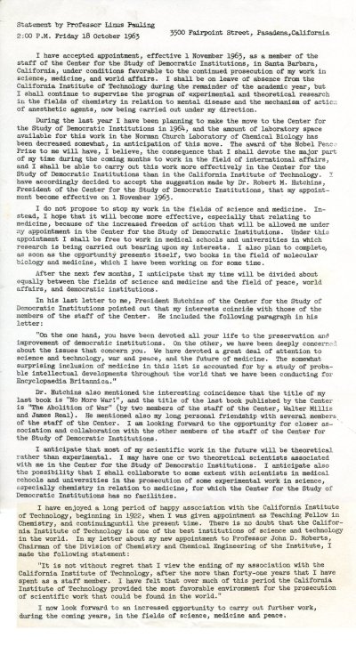 "Statement by Professor Linus Pauling." Page 1. October 18, 1963