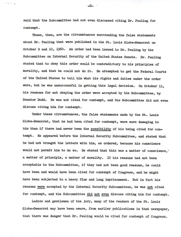 Statement by Linus Pauling about St. Louis Trial. Page 8. March 22, 1964