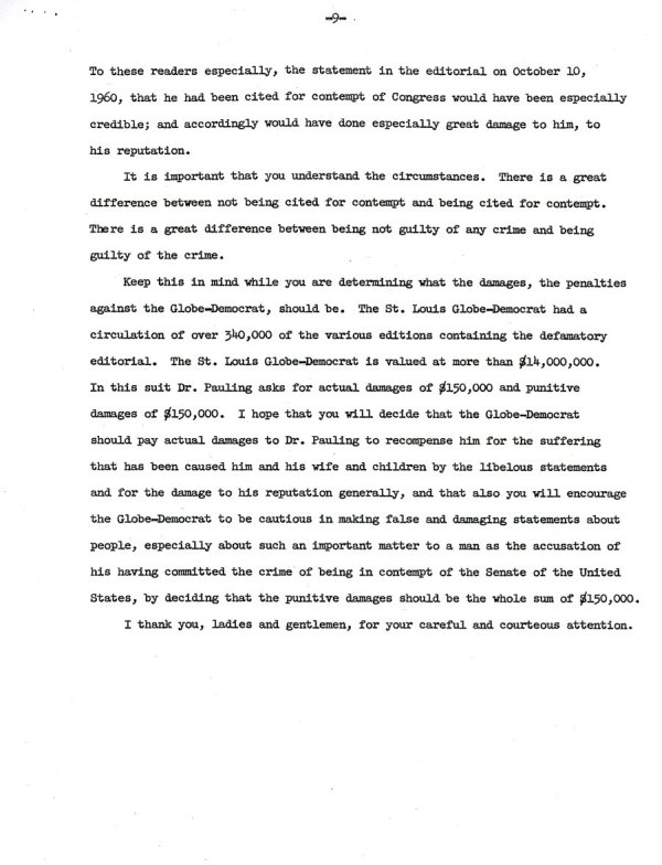 Statement by Linus Pauling about St. Louis Trial. Page 9. March 22, 1964