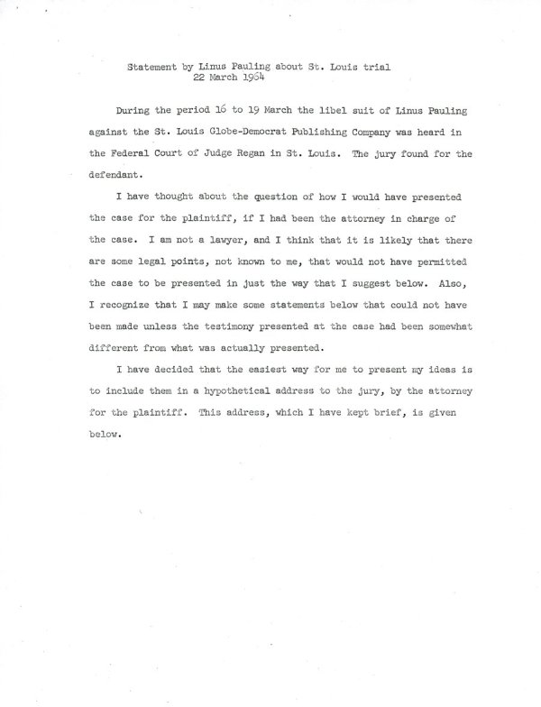 Statement by Linus Pauling about St. Louis Trial. Introduction. March 22, 1964