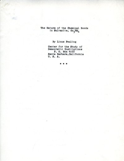 The Nature of the Chemical Bonds in Sulvanite, Cu3Vs4 Cover. December 27, 1965