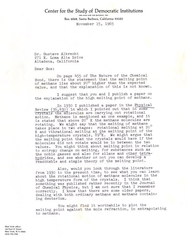 Letter from Linus Pauling to Gustav Albrecht. Page 1. November 15, 1965