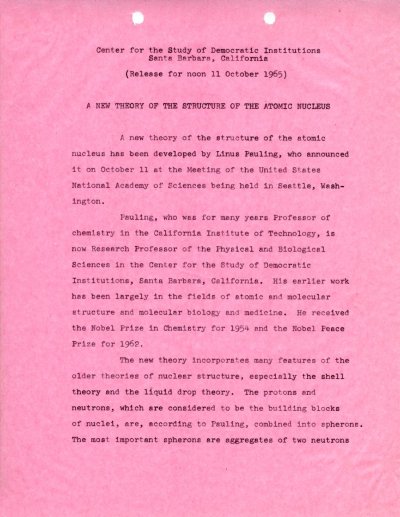 "A New Theory of the Structure of the Atomic Nucleus." Page 1. October 11, 1965