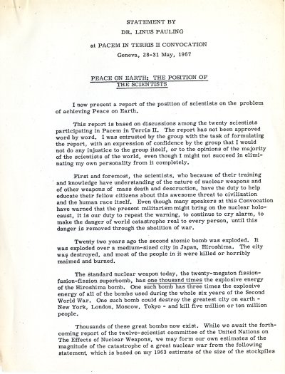 "Peace on Earth: The Position of the Scientists." Page 1. May 28, 1967