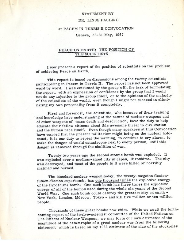 "Peace on Earth: The Position of the Scientists." Page 1. May 28, 1967