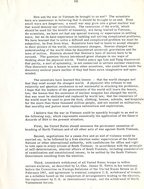 "Peace on Earth: The Position of the Scientists." Page 4. May 28, 1967