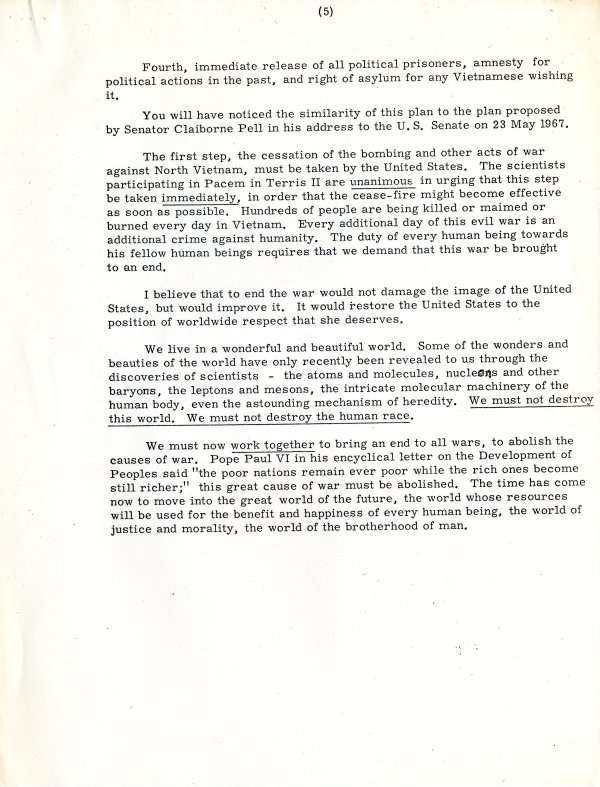 "Peace on Earth: The Position of the Scientists." Page 5. May 28, 1967