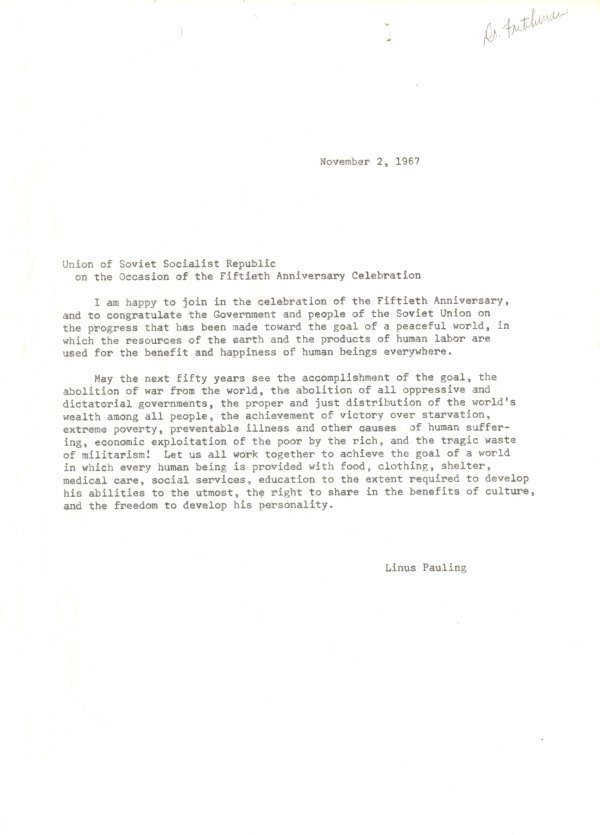 Statement to the Union of Soviet Socialist Republic on the Occasion of the Fiftieth Anniversary Celebration. Page 1. November 2, 1967