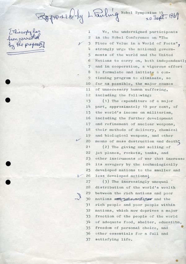 Proposed Statement from Nobel Laureates attending the Conference, "The Place of Value in a World of Facts" Page 1. September 20, 1969