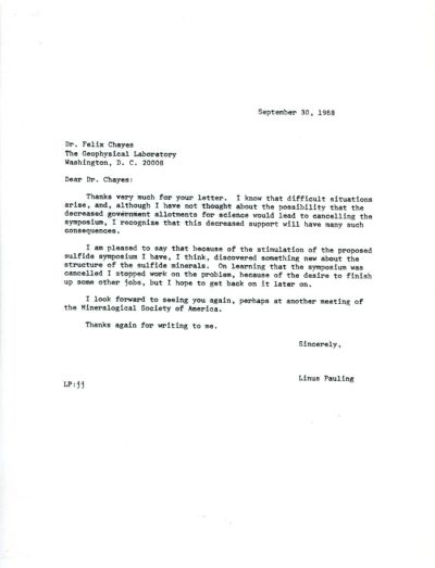 Letter from Linus Pauling to Felix Chayes. Page 1. September 30, 1968