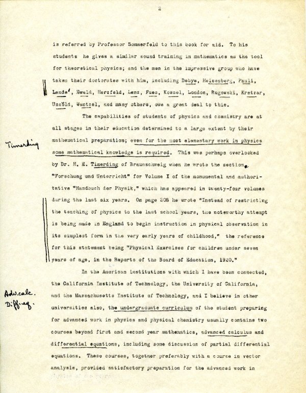 "Mathematical Preparation for a Student of Modern Physical Studies." Page 2. August 29, 1932