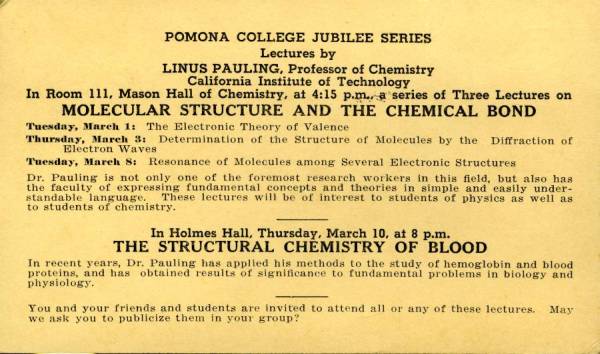 Lectures on "Molecular Structure and the Chemical Bond" and "The Structural Chemistry of Blood" . March 1 - 10, 1938