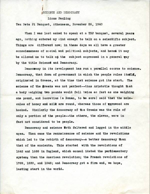 "Science and Democracy." Typescript - Page 1. November 26, 1940