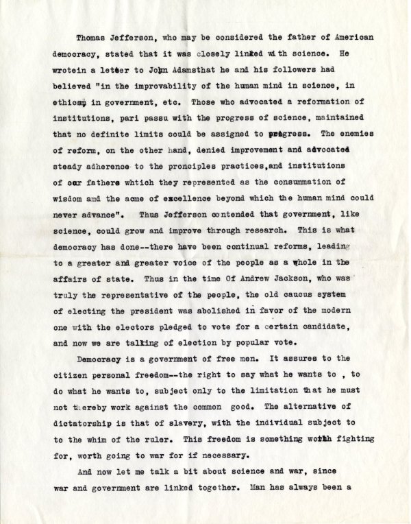 "Science and Democracy." Typescript - Page 2. November 26, 1940