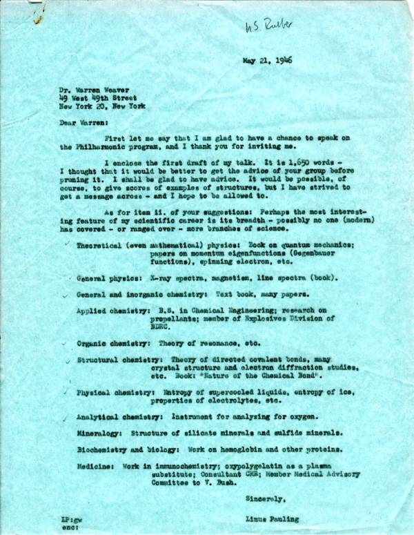 Letter from Linus Pauling to Warren Weaver. Page 1. May 21, 1946