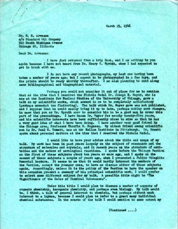 Letter from Linus Pauling to M.H. Arveson. Page 1. March 29, 1946