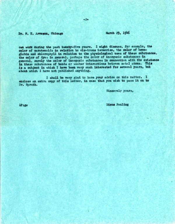 Letter from Linus Pauling to M.H. Arveson. Page 2. March 29, 1946