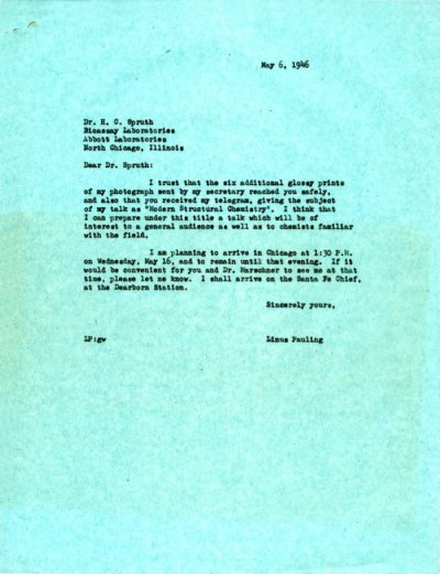 Letter from Linus Pauling to Herbert C. Spruth. Page 1. May 6, 1946