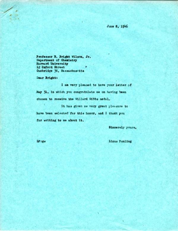 Letter from Linus Pauling to E. Bright Wilson, Jr. Page 1. June 8, 1946