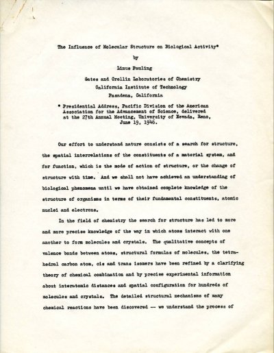 "The Influence of Molecular Structure on Biological Activity." Page 1. June 19, 1946