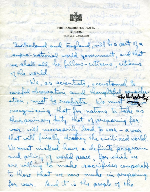 "Speech by Professor Linus Pauling on behalf of the Honorary Graduates." Page 3. July 16, 1947