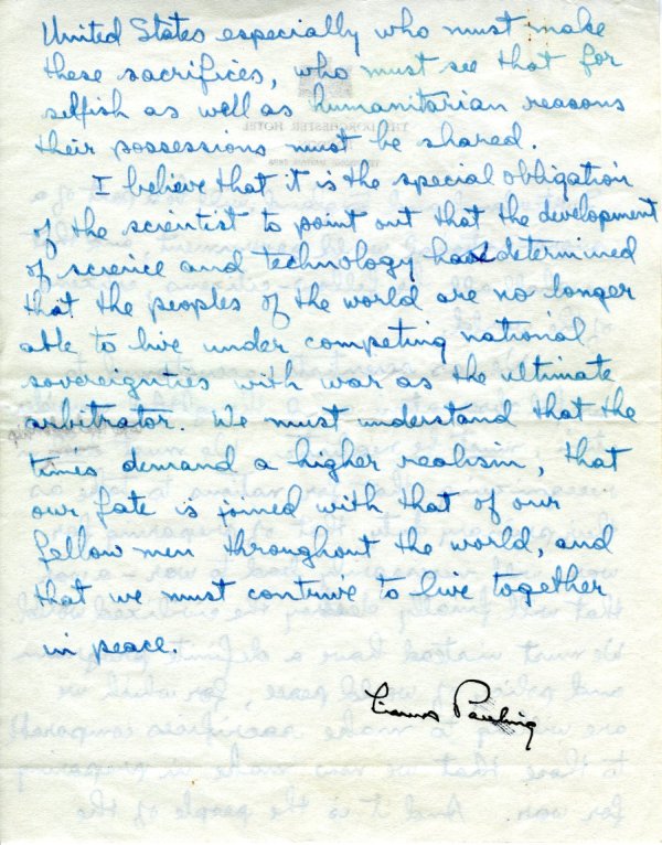 "Speech by Professor Linus Pauling on behalf of the Honorary Graduates." Page 4. July 16, 1947