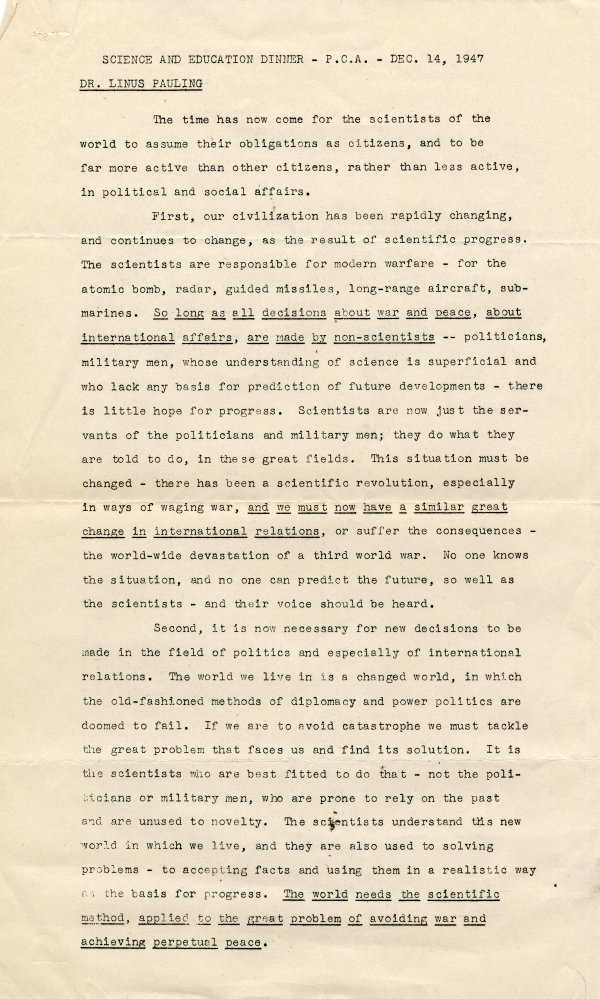 No Title [re: social activism by scientists]. Page 1. December 14, 1947
