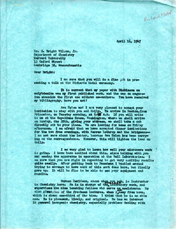 Letter from Linus Pauling to E. Bright Wilson, Jr. Page 1. April 16, 1947