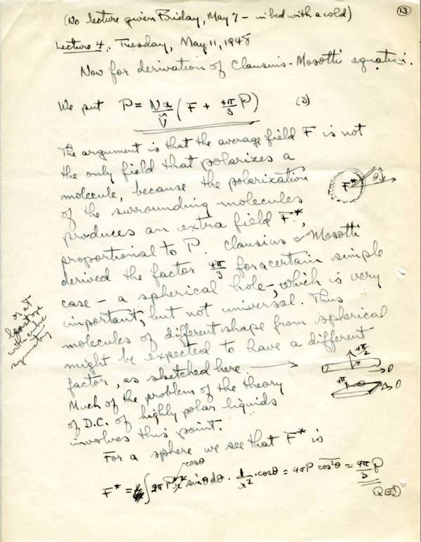 No Title ["derivation of Clausius-Mosotti equation"]. Page 13. May 11, 1948