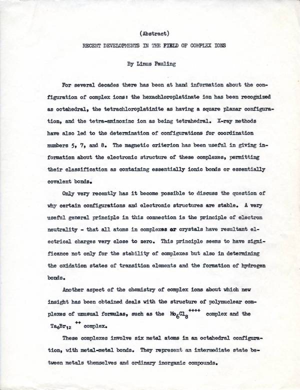 "Recent Developments in the Field of Complex Ions." Page 1. December 6, 1949