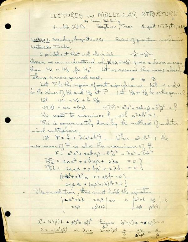 "Lectures on Molecular Structure." Page 1. August 21, 1950