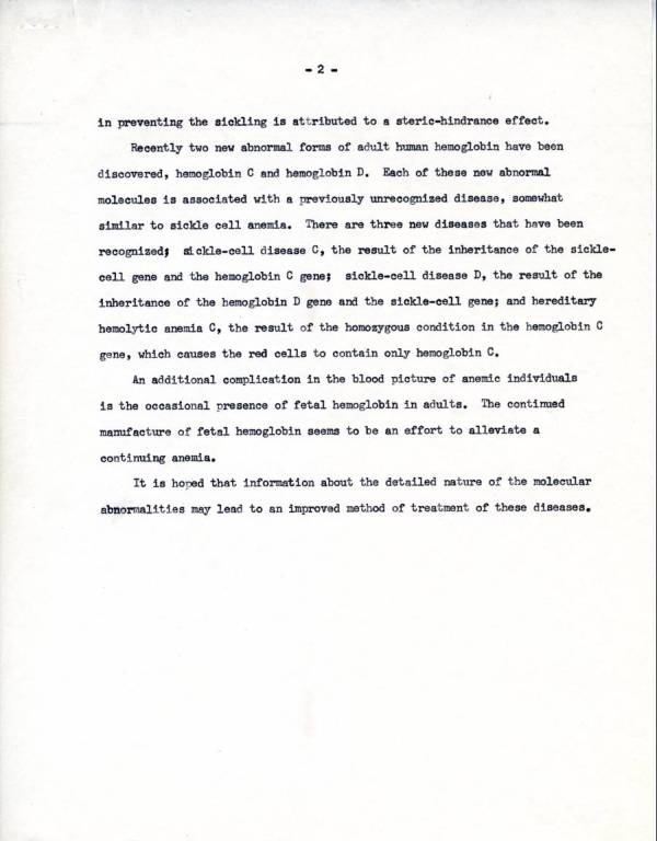 "The Hemoglobin Molecule in Health and Disease." Page 2. April 19, 1951