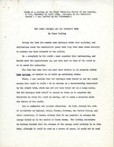 "The World Problem and the Hydrogen Bomb." Page 1. April 15, 1954
