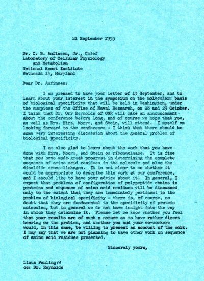 Letter from Linus Pauling to Christian Anfinsen. Page 1. September 21, 1955