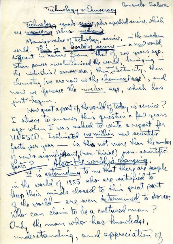 "Technology and Democracy." Manuscript - Page 1. May 3, 1955
