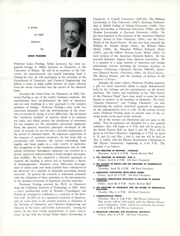 Flyer: George A. Miller Lectureship, University of Illinois, Champaign, Illinois. Page 1. April 5 - May 4, 1956
