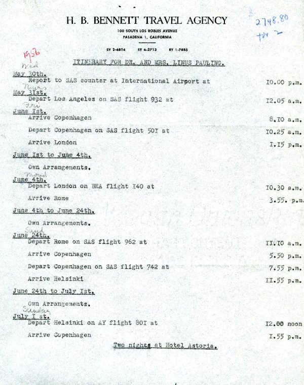Itinerary for a trip to Europe. Page 1. May 30 - June 4, 1956